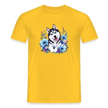 Blauer Huskie im Blumenkranz - Männer T-Shirt - Gelb - Vorne - AI Model Male 178 dark (178cm)