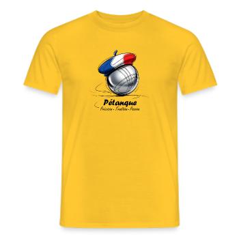 Boule de Pétanque Française en Béret Tricolore - T-shirt homme - jaune - Devant - AI Model Male 178 dark (178cm)