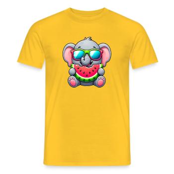 Cute Elephant with Watermelon Cartoon - Men's T-Shirt - yellow - Front - AI Model Male 178 dark (178cm)