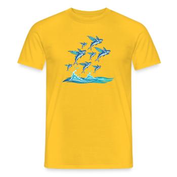 Un banc de poissons bleus par-dessus les vagues - T-shirt homme - jaune - Devant - AI Model Male 178 dark (178cm)