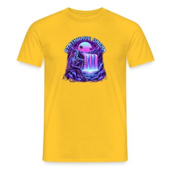 Synthwave Dream: Neon Waterfall and the 80s - Men's T-Shirt - yellow - Front - AI Model Male 178 dark (178cm)