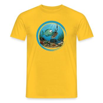 Fish cleans up the sea | Funny environmental motif - Men's T-Shirt - yellow - Front - AI Model Male 178 dark (178cm)