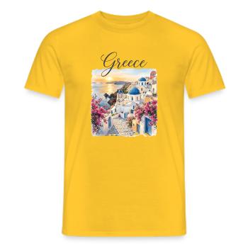Greek coastal idyll with blue domes - Men's T-Shirt - yellow - Front - AI Model Male 178 dark (178cm)