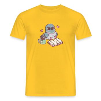 Cute Seated Pigeon Loves Reading - Men's T-Shirt - yellow - Front - AI Model Male 178 dark (178cm)