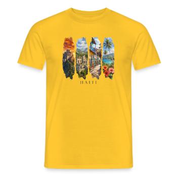 Voyage de vacances en Haïti – Culture caribéenne et motif paysager - T-shirt homme - jaune - Devant - AI Model Male 178 dark (178cm)