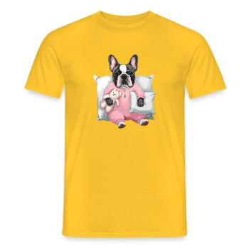 French Bulldog in Pink Pajamas with - Men's T-Shirt - yellow - Front - AI Model Male 178 dark (178cm)