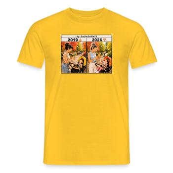 Mother with smartphone and baby - Men's T-Shirt - yellow - Front - AI Model Male 178 dark (178cm)
