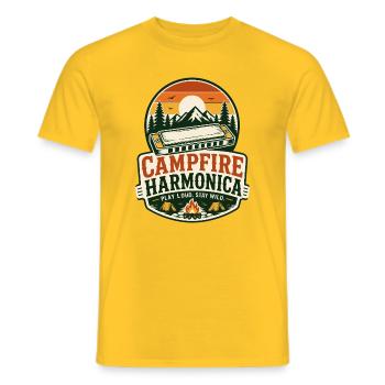 Instrument : Harmonica, Musique de feu de camp, Harmonica - T-shirt homme - jaune - Devant - AI Model Male 178 dark (178cm)