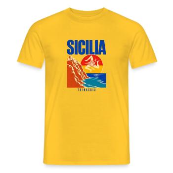 Sicilia Travel Poster, Trinacria Sicilian Flag Pri - Men's T-Shirt - yellow - Front - AI Model Male 178 dark (178cm)