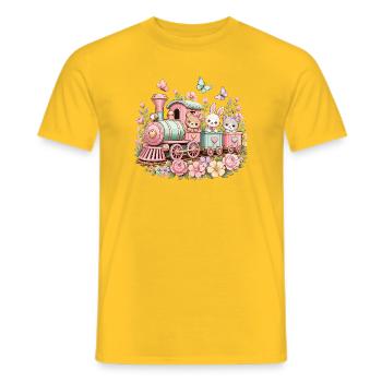 Pastel Train with Critters and Flowers - Men's T-Shirt - yellow - Front - AI Model Male 178 dark (178cm)