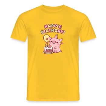 Süßes Schwein mit Geburtstagstorte, Wortspiel zum Geburtstagsglück - Männer T-Shirt - Gelb - Vorne - AI Model Male 178 dark (178cm)