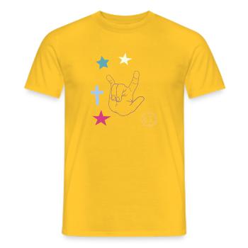 Hand signal with cross, stars and moon - Men's T-Shirt - yellow - Front - AI Model Male 178 dark (178cm)