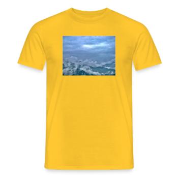 Fog over mountain landscape Morning light - Men's T-Shirt - yellow - Front - AI Model Male 178 dark (178cm)