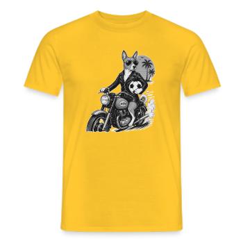 Biker Basenji on Motorcycle with Soccer Ball - Men's T-Shirt - yellow - Front - AI Model Male 178 dark (178cm)