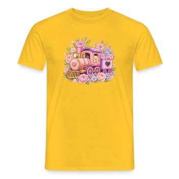 Cuddly Pink Locomotive with Flowers - Men's T-Shirt - yellow - Front - AI Model Male 178 dark (178cm)
