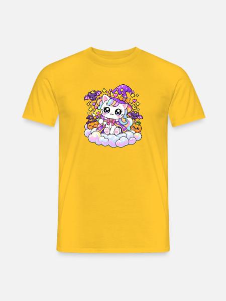 Prinzessin Einhornkatze auf Halloween-Wolken - Männer T-Shirt - Gelb