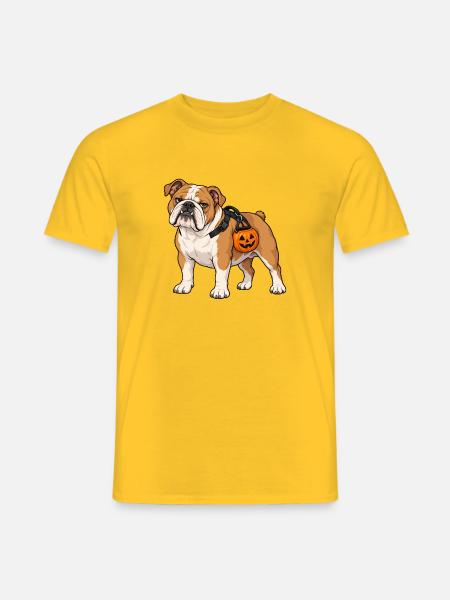 Bulldogge trägt einen Kürbis-Bonbon-Eimer - Männer T-Shirt - Gelb