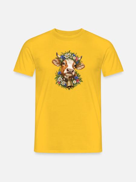Kuh mit Blumenkrone – Alpenliebe & Tracht - Männer T-Shirt - Gelb