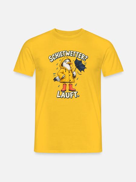 Schietwetter läuft Möwe im Regenmantel - Männer T-Shirt - Gelb