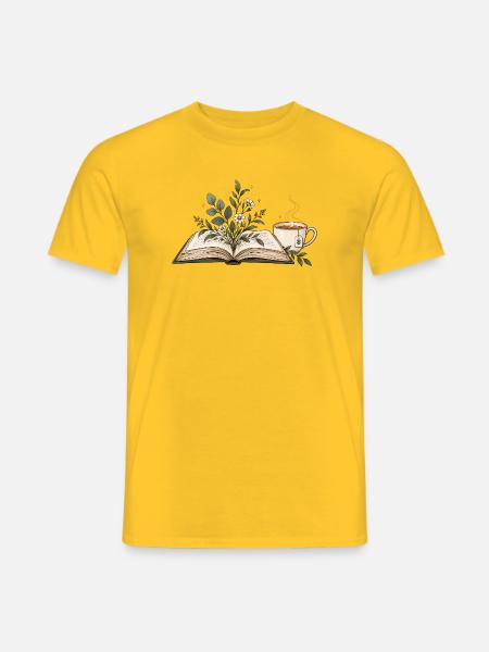 Buch mit Blumen & Teetasse - Männer T-Shirt - Gelb
