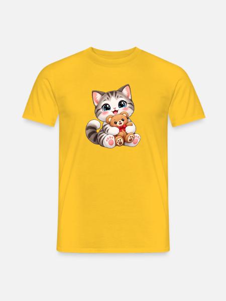 Kawaii-Katze mit Teddybär - Männer T-Shirt - Gelb