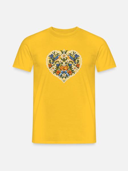 Vogelpaar im Spitzenherz mit Brezel - Männer T-Shirt - Gelb
