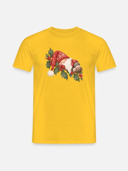 Schlafender Weihnachtswichtel auf Stechpalme - Männer T-Shirt - Gelb