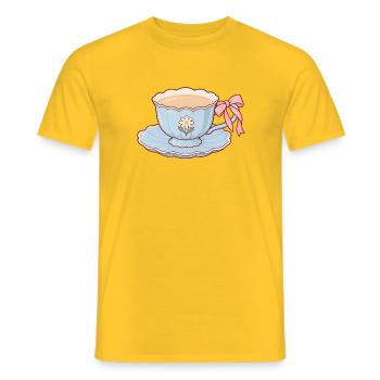 Blaue Teetasse mit Blüte und rosa Schleife - Männer T-Shirt - Gelb - Vorne - AI Model Male 178 dark (178cm)