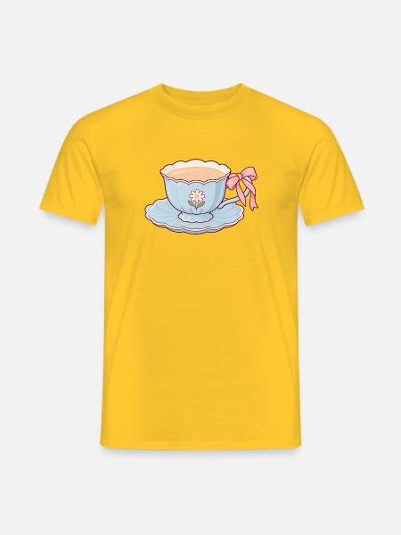 Blaue Teetasse mit Blüte und rosa Schleife - Männer T-Shirt - Gelb