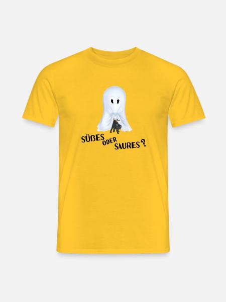 Süßes oder Saures - Gespenst mit Katze - Männer T-Shirt - Gelb