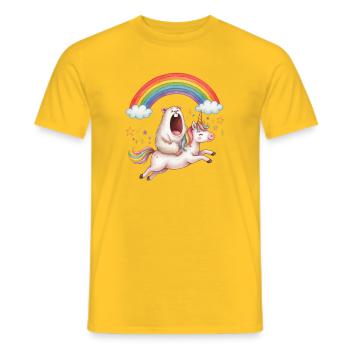 Schreiender Hamster reitet Einhorn Regenbogen - Männer T-Shirt - Gelb - Vorne - AI Model Male 178 dark (178cm)