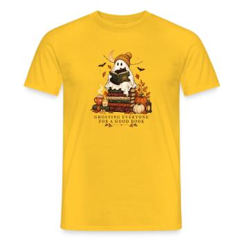 Halloween Geist mit Katze für Buch Liebhaber - Männer T-Shirt - Gelb - Vorne - AI Model Male 178 dark (178cm)
