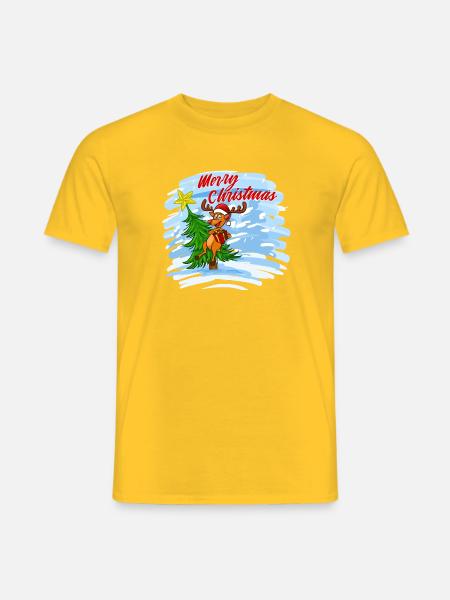 Merry Christmas - Rentier mit Geschenk am Baum - Männer T-Shirt - Gelb