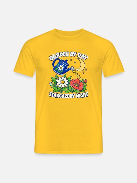 Garten am Tag, Sternenbeobachtung bei Nacht - Männer T-Shirt - Gelb