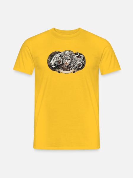 Fantasiefrau mit mechanischem Tiger - Männer T-Shirt - Gelb