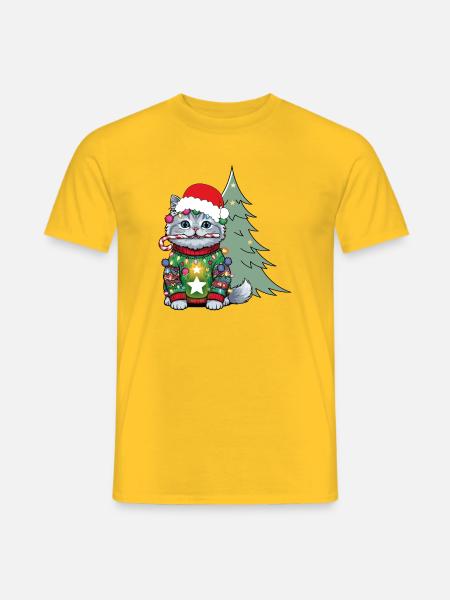 Weihnachtskatze mit Lichtkette - Männer T-Shirt - Gelb