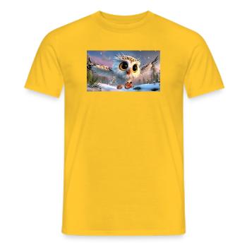 Fluffy snowy owl with googly eyes in flight - Men's T-Shirt - yellow - Front - AI Model Male 178 dark (178cm)