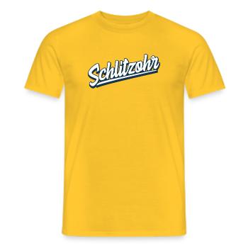 Schlitzohr - Schweizerdeutsch - Mundart - Dialekt - Männer T-Shirt - Gelb - Vorne - AI Model Male 178 dark (178cm)