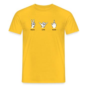 Ensemble de signes de main Peace Love Taxes – Illustration - T-shirt homme - jaune - Devant - AI Model Male 178 dark (178cm)