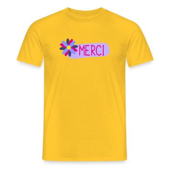 MERCI. THANKS. THANK YOU. ANNIVERSAIRE. NAISSANCE. - T-shirt homme - jaune - Devant - AI Model Male 178 dark (178cm)