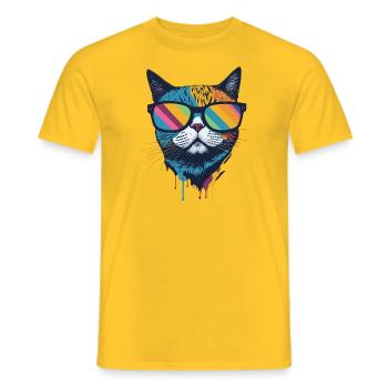 Stylish Rainbow Sunglasses Cat – Cool Feline - Men's T-Shirt - yellow - Front - AI Model Male 178 dark (178cm)