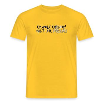 Graffiti Spruch Ey, ganz ehrlich? Halt die Fresse! - Männer T-Shirt - Gelb - Vorne - AI Model Male 178 dark (178cm)