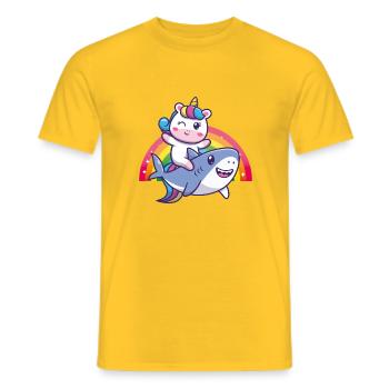 Baby unicorn on shark with rainbow cute cute - Men's T-Shirt - yellow - Front - AI Model Male 178 dark (178cm)