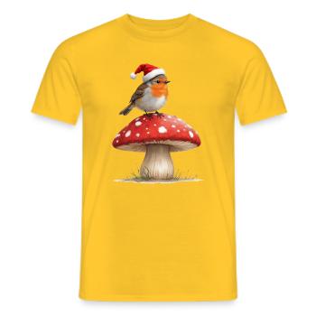 Robin en chapeau de Père Noël sur un champignon rouge - T-shirt homme - jaune - Devant - AI Model Male 178 dark (178cm)