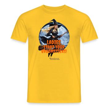 Sorcière d’Halloween disant mesdames, commencez vos balais - T-shirt homme - jaune - Devant - AI Model Male 178 dark (178cm)