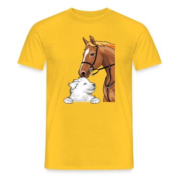 Weißer Schweizer Schäferhund und rotes Pferd - Männer T-Shirt - Gelb - Vorne - AI Model Male 178 dark (178cm)