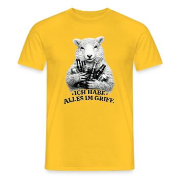Sheep with beer cans saying - Men's T-Shirt - yellow - Front - AI Model Male 178 dark (178cm)