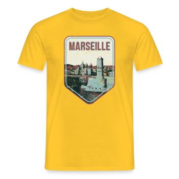 Retro badge, Marseille France is my hometown - Men's T-Shirt - yellow - Front - AI Model Male 178 dark (178cm)