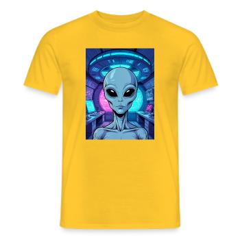 Grauer Außerirdischer Portrait – Im Inneren des UFOs - Männer T-Shirt - Gelb - Vorne - AI Model Male 178 dark (178cm)