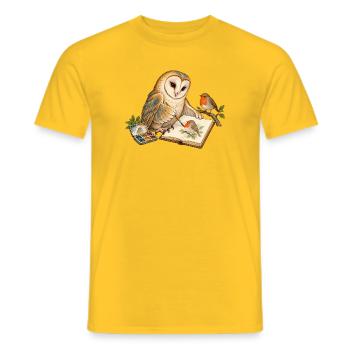 Eule malt ein Rotkehlchen - Männer T-Shirt - Gelb - Vorne - AI Model Male 178 dark (178cm)
